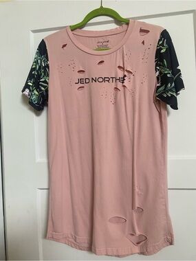 Jed North Pink Distressed Tee with Black Floral Sleeves